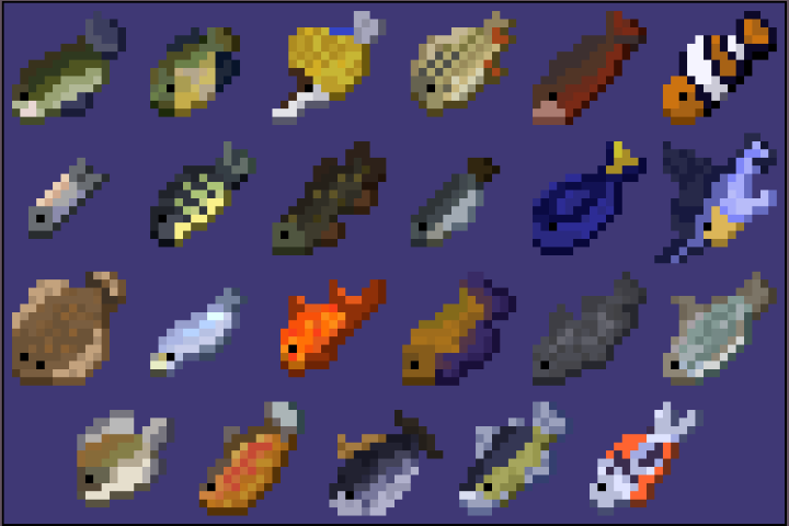 Image of 23 fish sprites on a blue background.